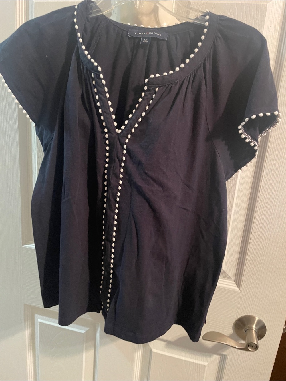 Tommy Hilfiger Navy Short-Sleeve Pom-Trim Peasant Blouse